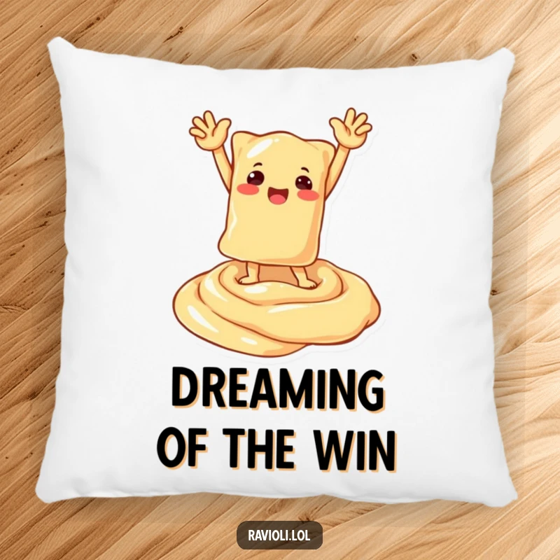 Funny pillow with a ravioli character striking a triumphant pose on a creamy sauce swirl, offering comfort and inspiration.