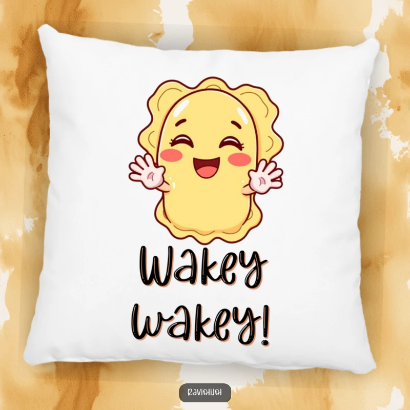 Funny ravioli character excitedly waving with both hands, a soft and funny decorative pillow.