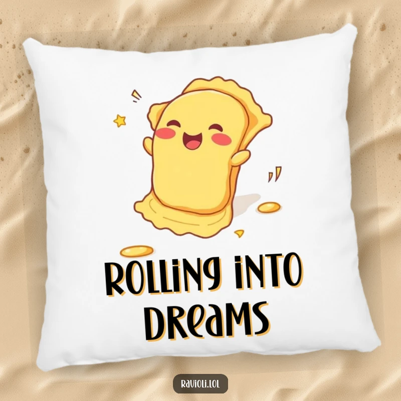 Funny Pillow: A ravioli rolls downhill with enthusiasm, leaving a trail of giggles, offering a humorous and comfortable addition to your decor.