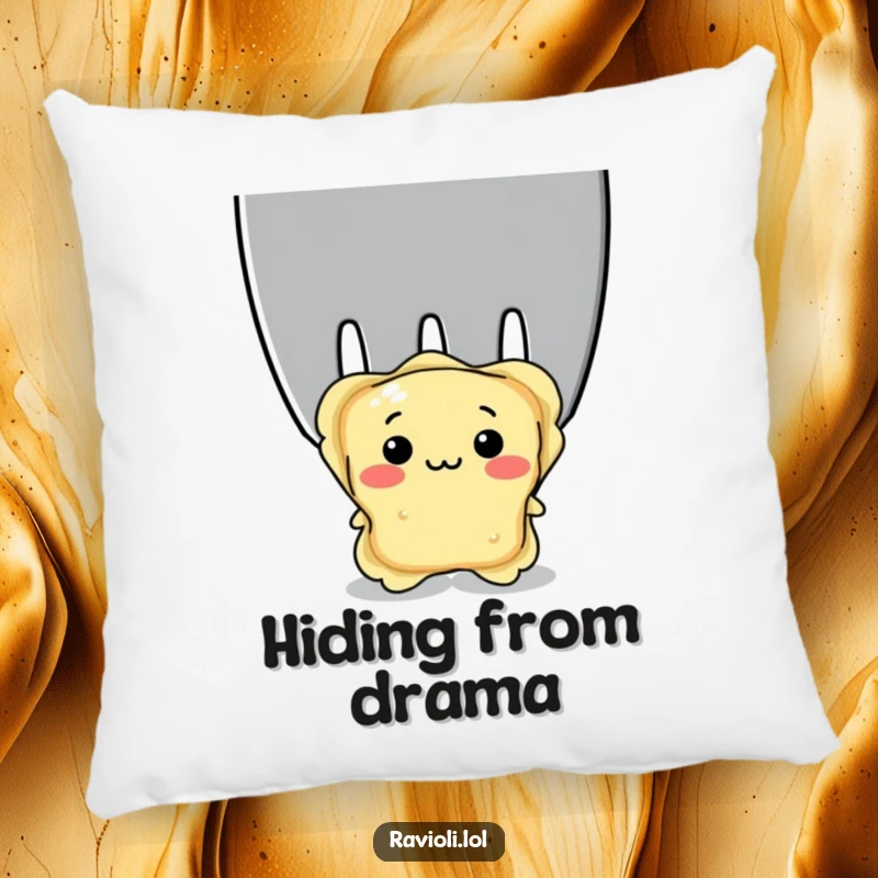 Funny shy ravioli peeking from behind a giant fork, depicting a shy pasta character, ideal for funny home decor.