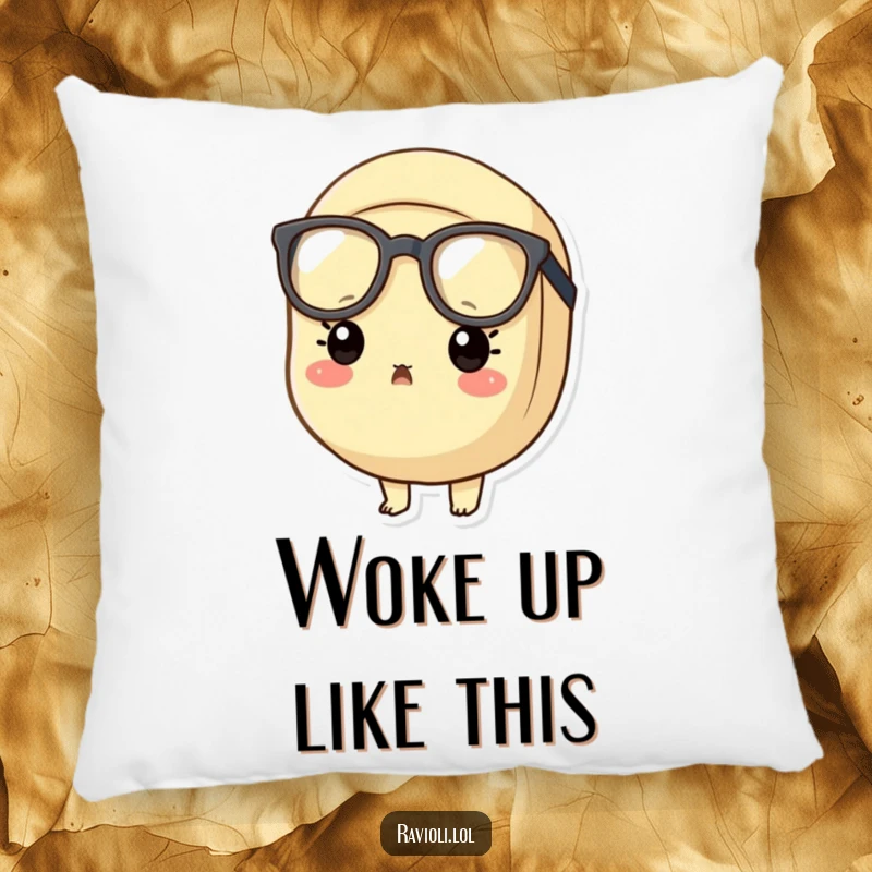 Funny surprised ravioli pillow featuring a ravioli character in oversized glasses with a shocked expression, ideal for comfort.