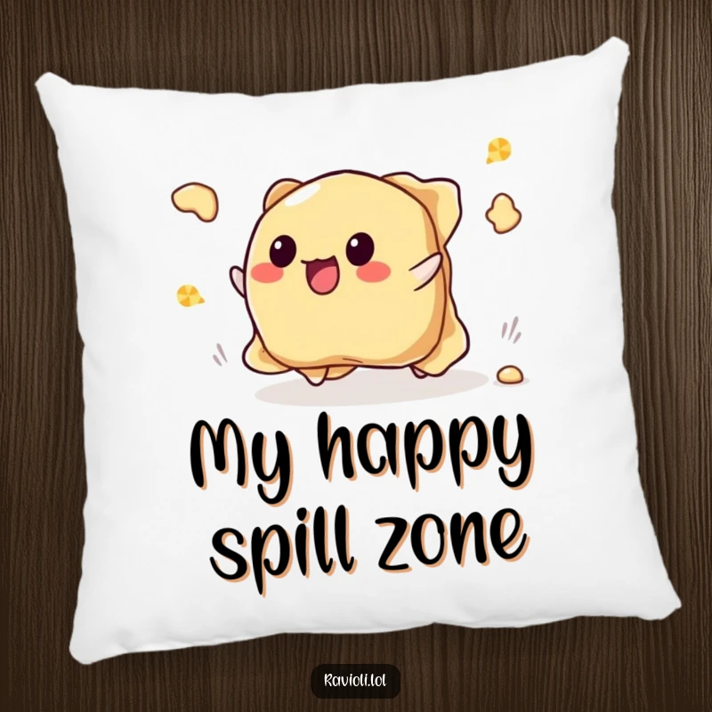 Funny tripping ravioli pillow featuring a ravioli character tumbling and its filling spilling out happily, ideal for comfort.