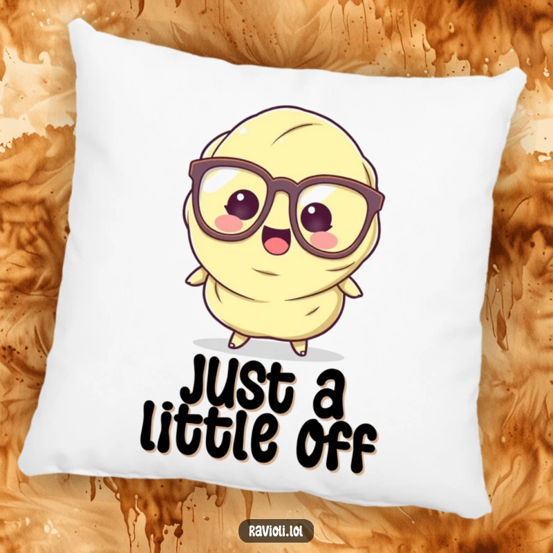 Funny Ravioli Pillow displaying a cartoon pasta character in big glasses, humorously slipping and creating a cozy, funny accent.