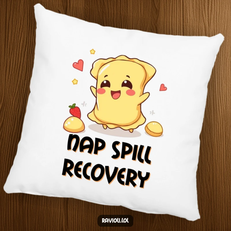Funny ravioli character tripping and happily spilling filling, printed on a soft and decorative pillow.