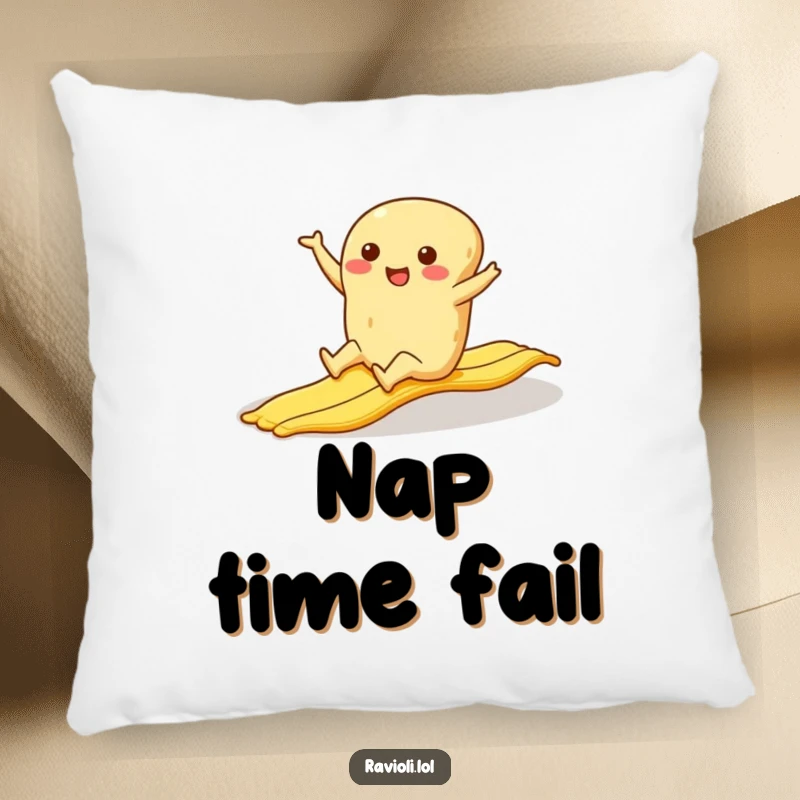 Funny ravioli character experiencing a slapstick fall on a banana peel, a soft and humorous pillow.