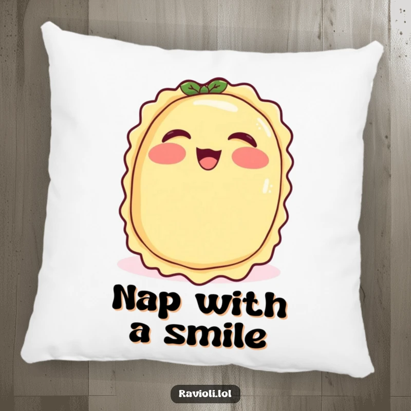 Funny ravioli with rosy cheeks giggling uncontrollably, soft pillow with a joyful Italian pasta character, ideal funny home decor.