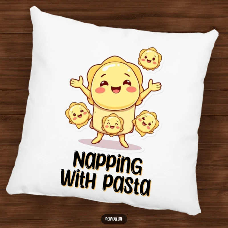 Funny smiling ravioli character juggling smaller ravioli, printed on a soft and decorative pillow.