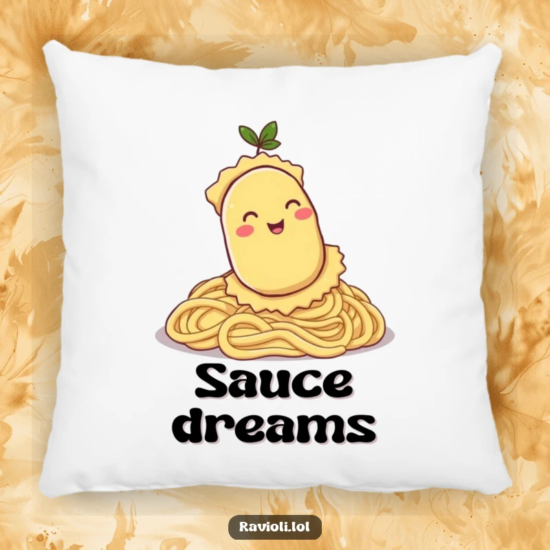 Funny pillow with a ravioli character happily rolling down a pasta hill, offering comfort and a dose of lighthearted humor.