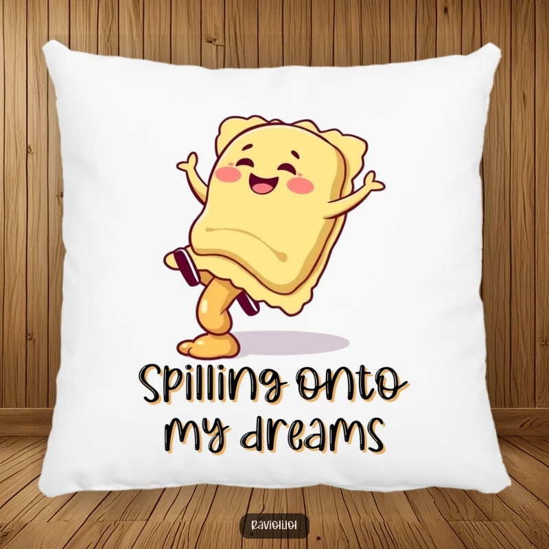 Funny ravioli character giggling mid-cartwheel with filling spilling, on a soft and humorous pillow, a delightful gift.