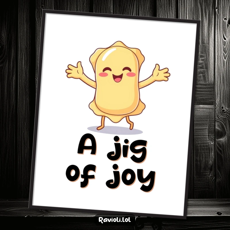 High-resolution funny ravioli character doing a silly dance with floppy arms, available as a digital art print for instant, humorous decor.