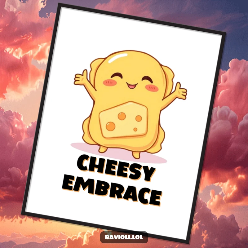 Funny digital art print of a ravioli hugging a shy, blushing cheese, delivering instant cartoon charm and humor.