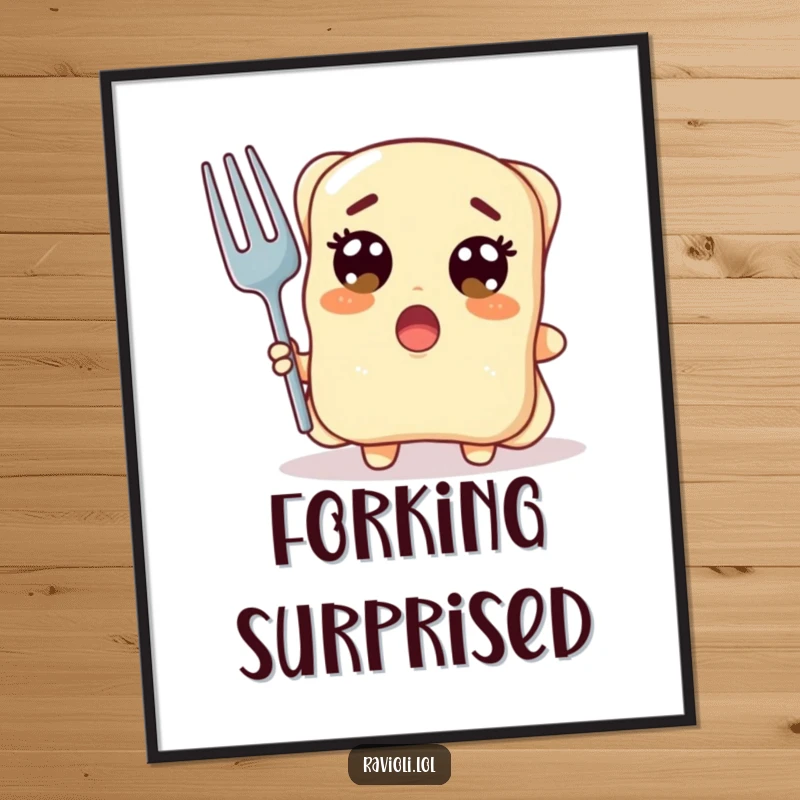 Funny ravioli character with wide surprised eyes holding a giant fork, digital art print of pasta shock humor, ideal funny gift.