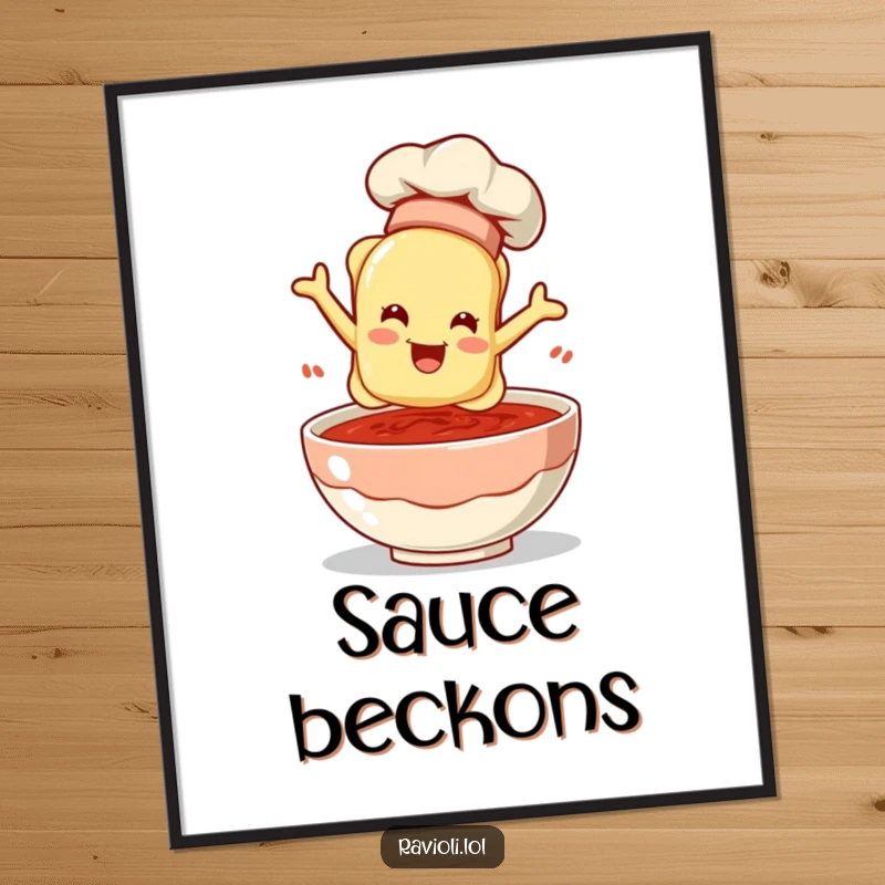 Funny ravioli chef leaping into a bowl of sauce, presented as digital art, ideal for instant download and display.