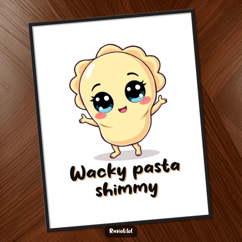 Funny ravioli character with wide eyes doing a silly dance, available as a downloadable digital art print.