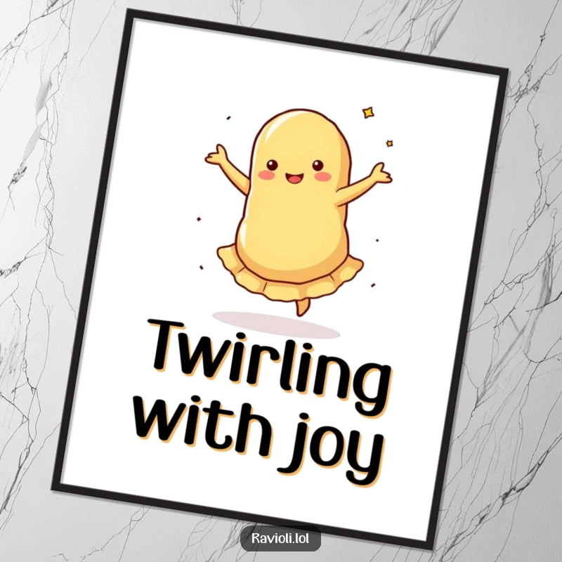 Funny Digital Art Print: A ravioli does a silly pirouette with spinning filling, capturing a humorous and graceful moment of pasta artistry.