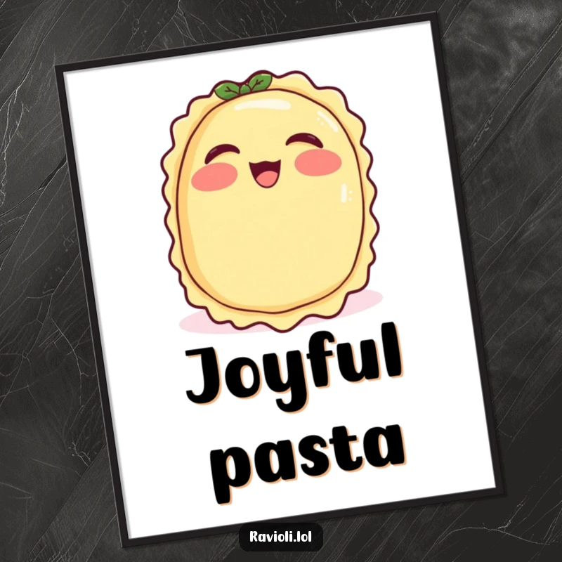 Funny ravioli with rosy cheeks giggling uncontrollably, digital art print of a joyful Italian food character, great funny decor.