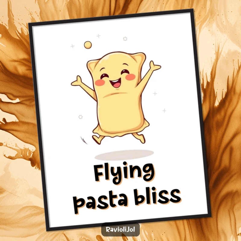 Funny happy ravioli doing cartwheels with dough flying, digital art print of an energetic Italian food character, great funny decor.