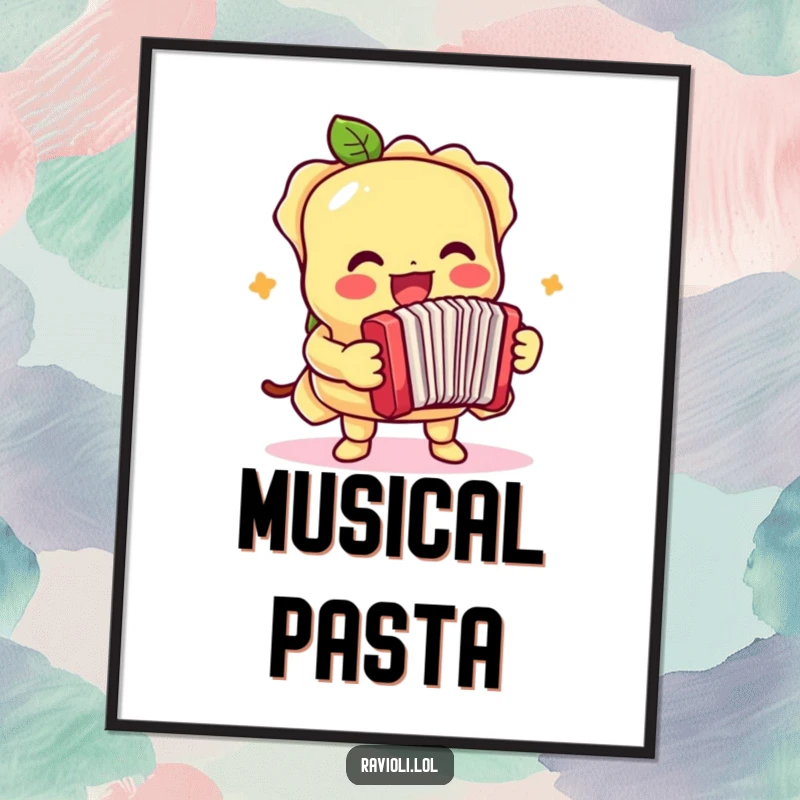 Funny digital art print of a ravioli character playing a tiny accordion with energetic passion, whimsical musical decor.