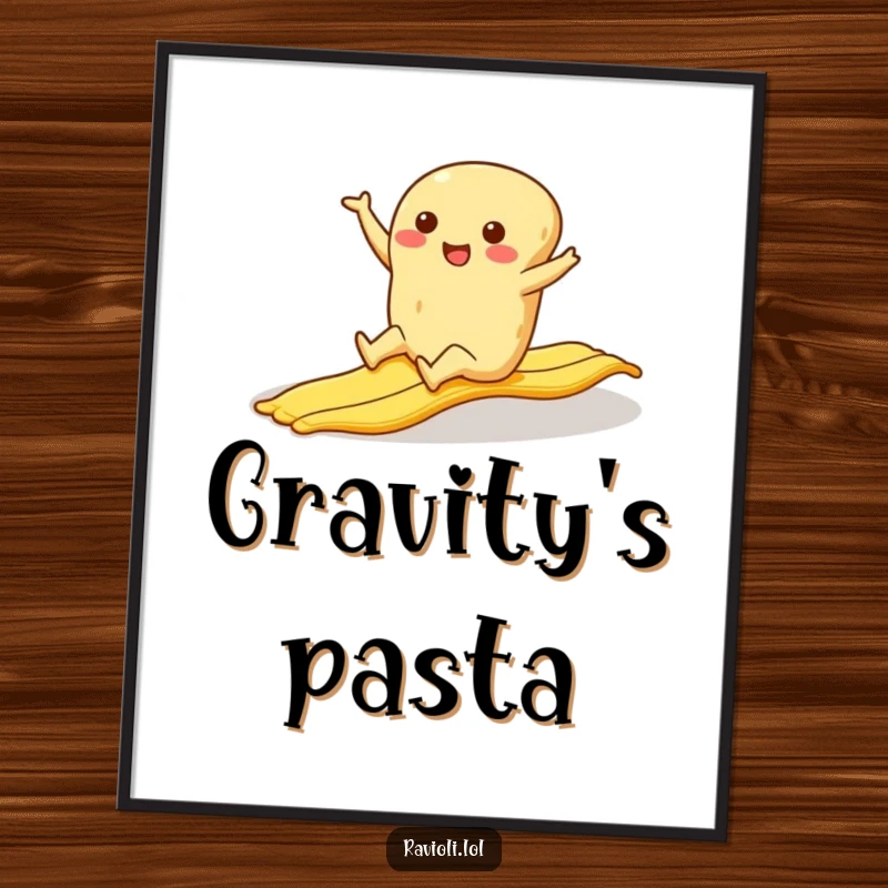 Funny ravioli character caught mid-slip on a banana peel, a high-resolution funny digital artwork.