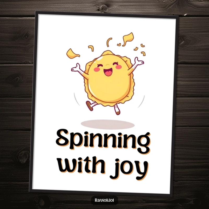 Funny Ravioli Digital Art Print of a ravioli character doing a cartwheel with energetic pasta steam, bringing joy.