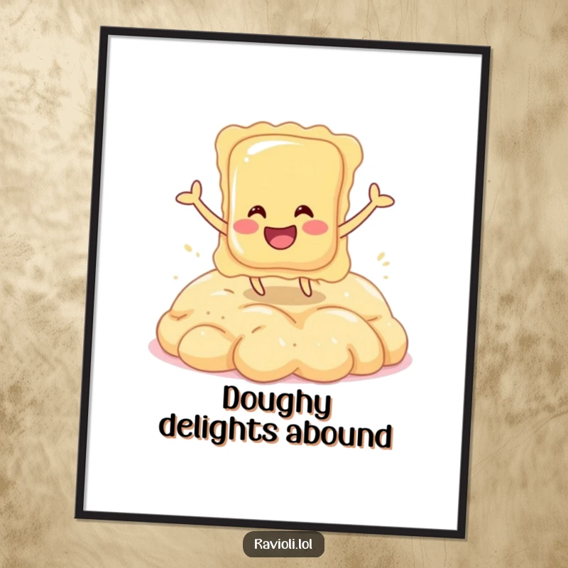 Funny digital art print of a smiling ravioli character energetically bouncing on a pile of fluffy dough.