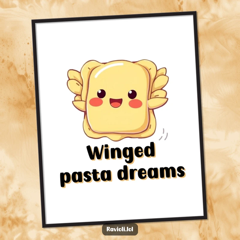 Funny ravioli digital art print of a pasta with small wings attempting to fly, a whimsical and humorous illustration.