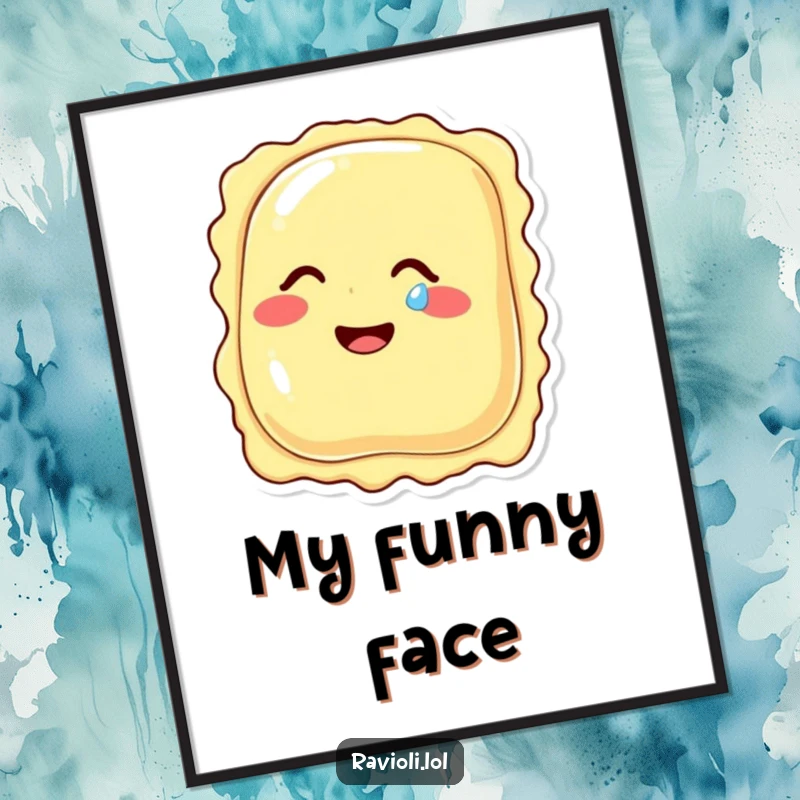 Funny ravioli character giggling intensely, with a single tear of mirth, presented as a digital art print for instant download.