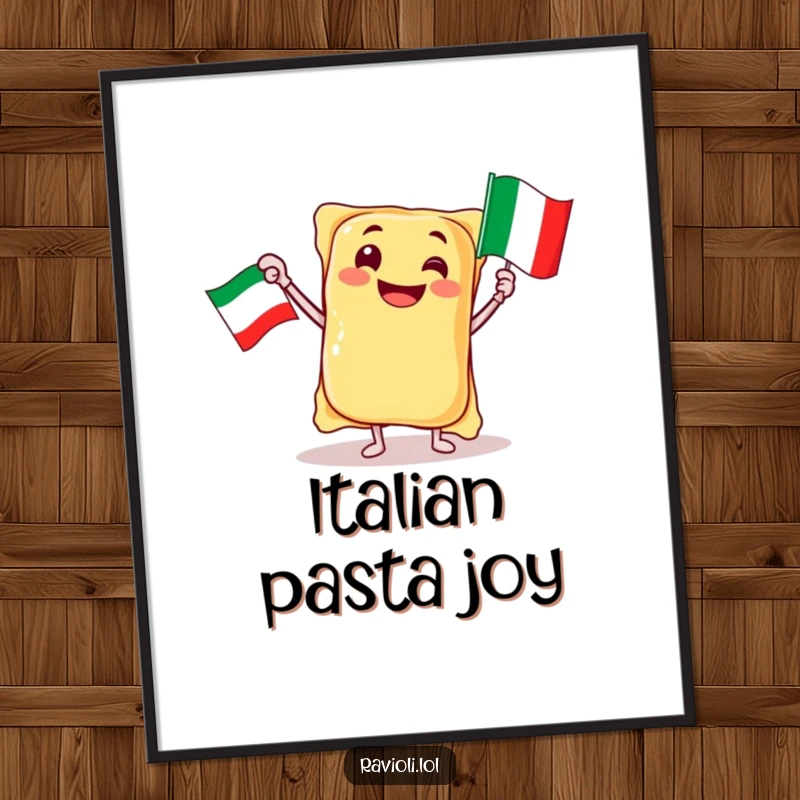 Funny jubilant ravioli character waving a miniature Italian flag with enthusiasm, as downloadable digital art, a humorous gift.