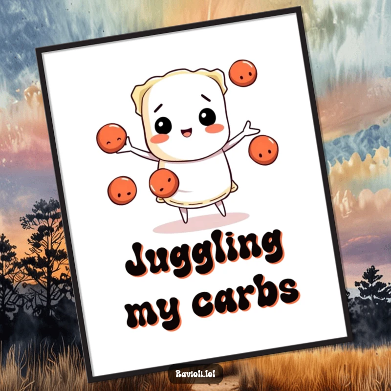 Funny ravioli character juggling meatballs, digital art print of pasta chef humor, ideal funny gift.