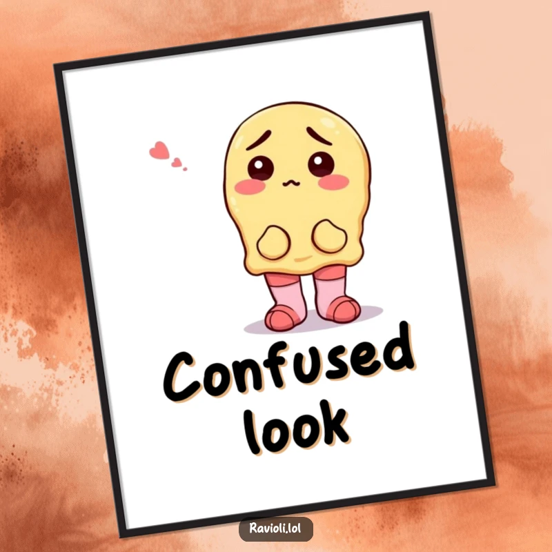 Funny ravioli character looking confused while wearing mismatched socks, presented as a digital art print for instant download and quirky appeal.