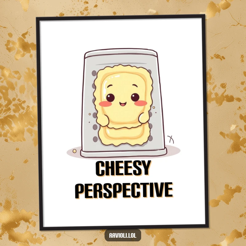Funny ravioli character peeks from behind a giant cheese grater in this digital art print, offering instant humorous decor.