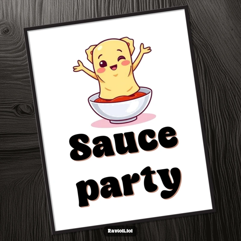 Funny ravioli character doing a silly dance around a bowl of sauce, presented as a digital art print for instant download.