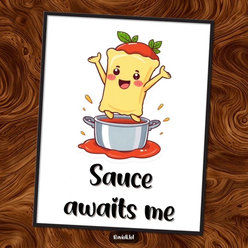 Funny Ravioli Digital Art Print of a happy ravioli character leaping into a sauce pot, celebrating flavor.