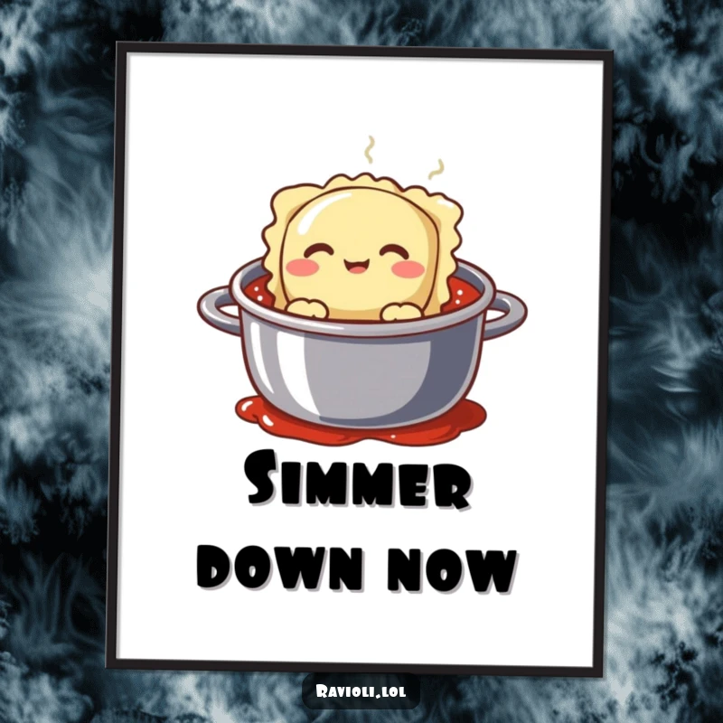 Funny ravioli character with a silly face peeking from a pot of sauce, a humorous and easily downloadable digital art print.