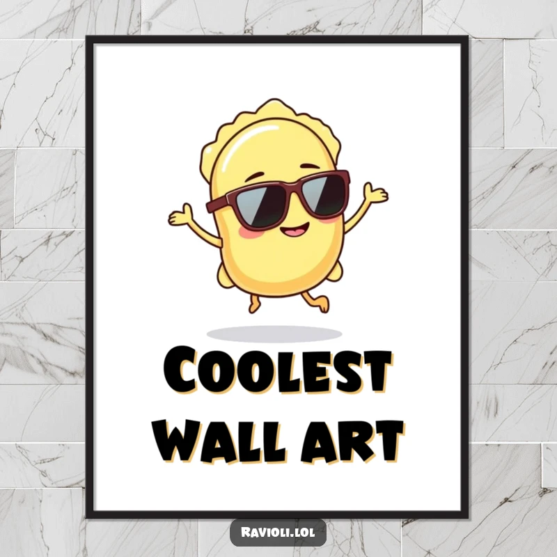 Funny ravioli wearing sunglasses hops with a confident grin, downloadable wall art.