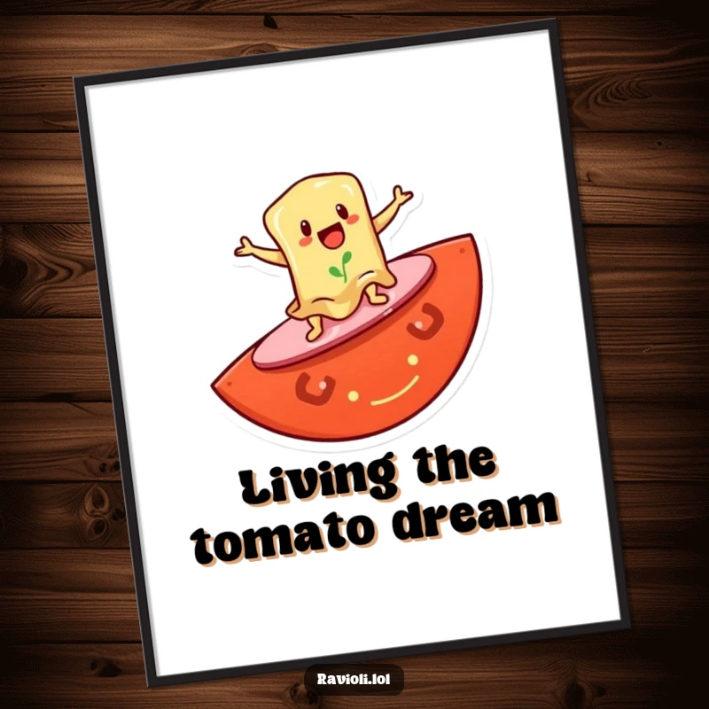 Funny digital art print of a ravioli character surfing on a giant tomato slice, adding instant humorous beach decor to any space.