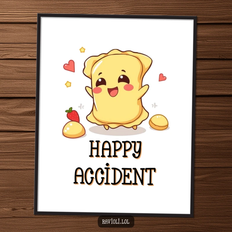 Funny ravioli character tripping and happily spilling filling, as a humorous digital art print.