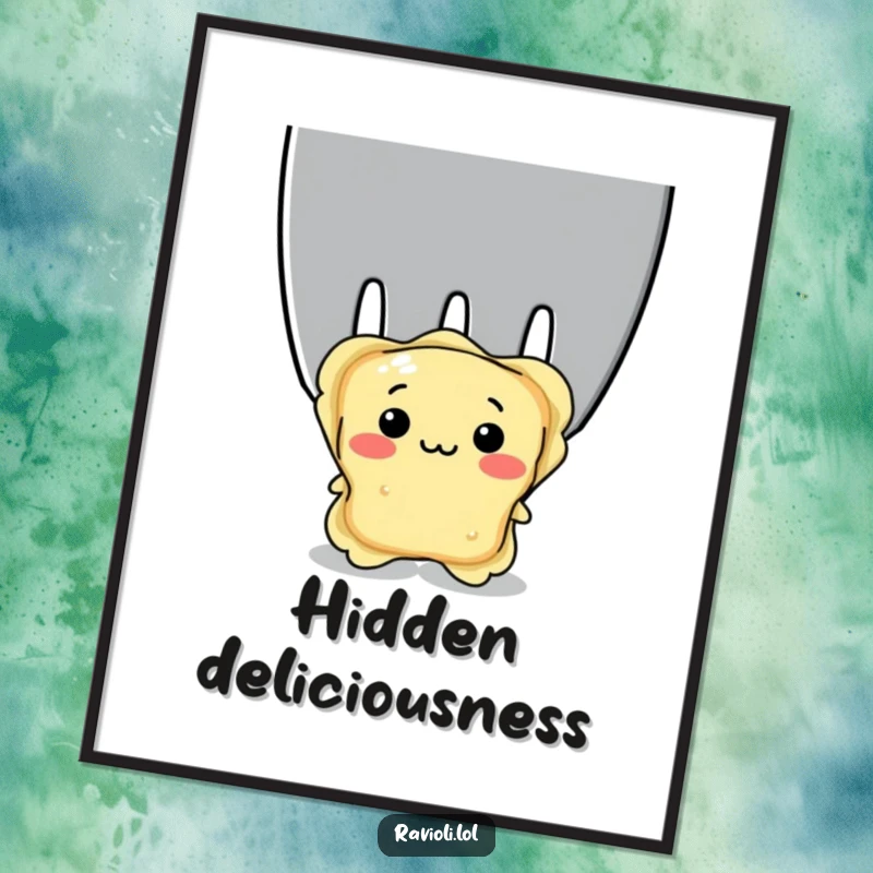 Funny shy ravioli peeking behind a giant fork, digital art print of a timid Italian food character, great funny decor.