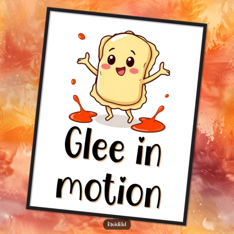 Funny digital art print of a joyful ravioli character performing a happy dance with vibrant sauce splatters encircling it, full of energy.