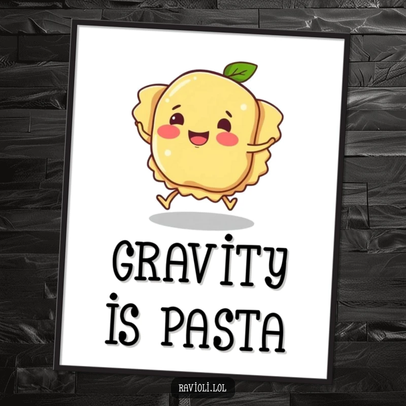 Funny ravioli character tripping comically, digital art print of pasta humor and a clumsy, smiling character, ideal funny gift.