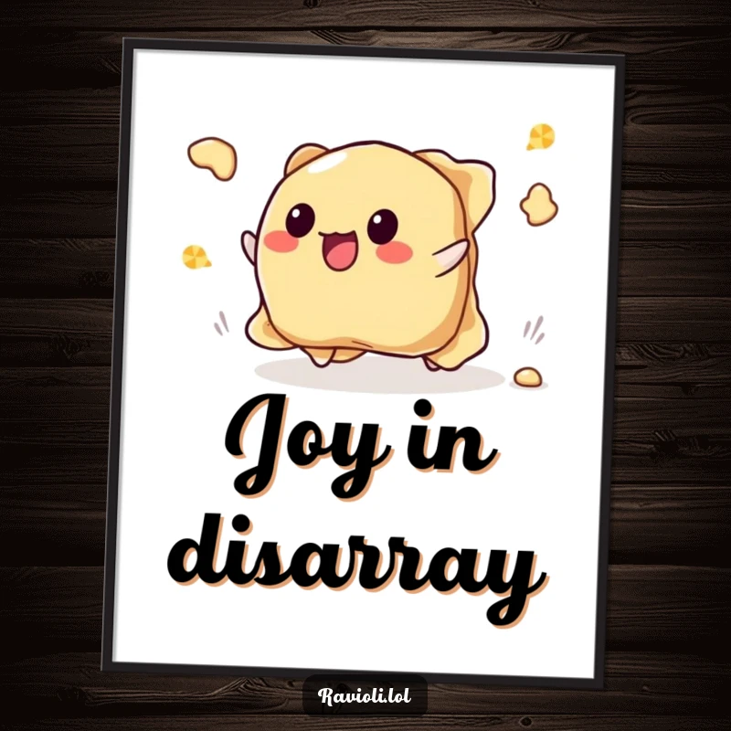 Funny tripping ravioli digital art print of a ravioli character falling and its filling scattering happily, ready for printing.