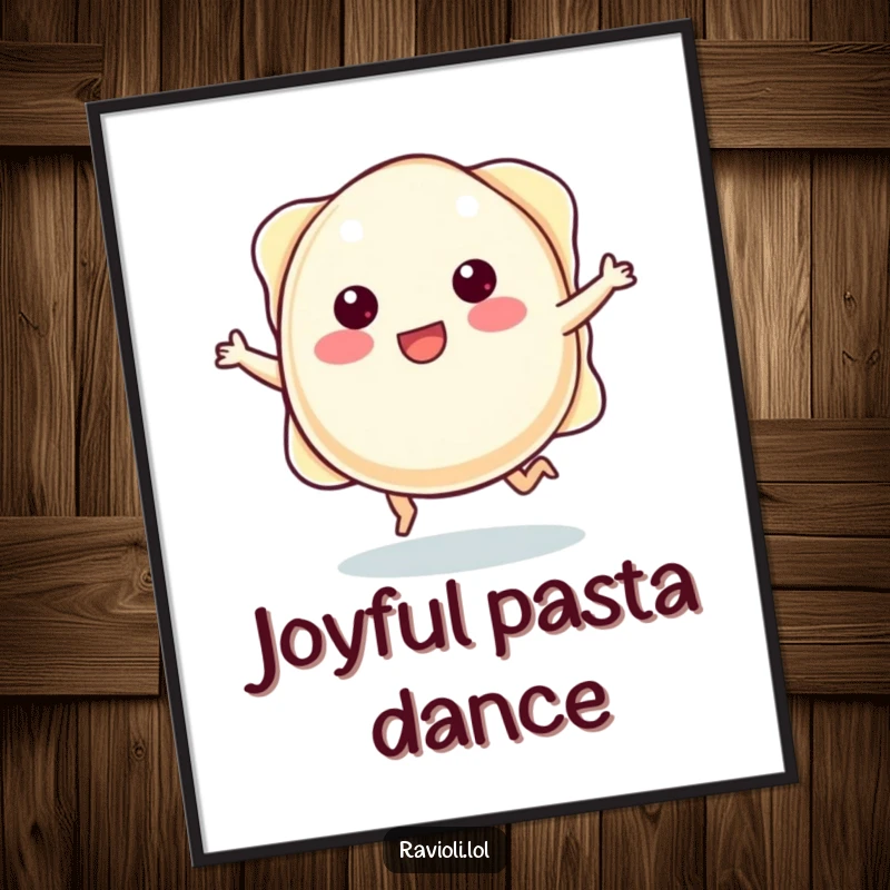 Funny plump ravioli character with tiny legs joyfully skipping, available as a downloadable digital art print.