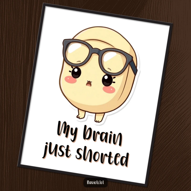 Funny surprised ravioli digital art print of a ravioli character in oversized glasses looking shocked, ready for printing.