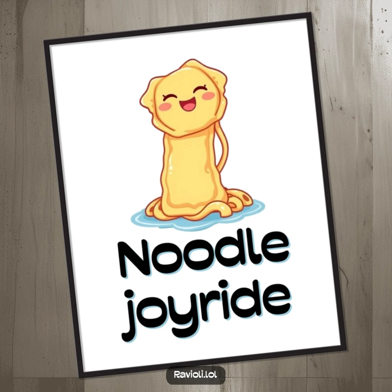 Funny digital art print of a ravioli laughing while sliding down a noodle waterslide, perfect for instant, joyful kitchen decor.