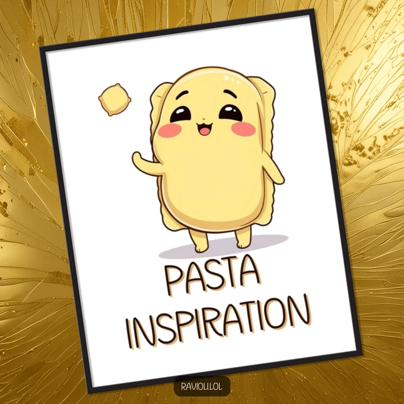 Funny Ravioli Digital Art: Winking ravioli character tossing a tiny ravioli, printable art for fun kitchen decor.