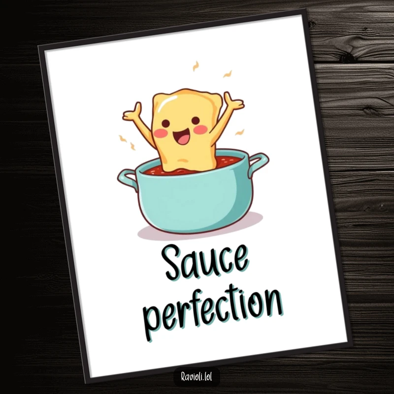 Funny digital art of a happy ravioli character mid-air, enthusiastically leaping into a rich pot of sauce, capturing pure delight.