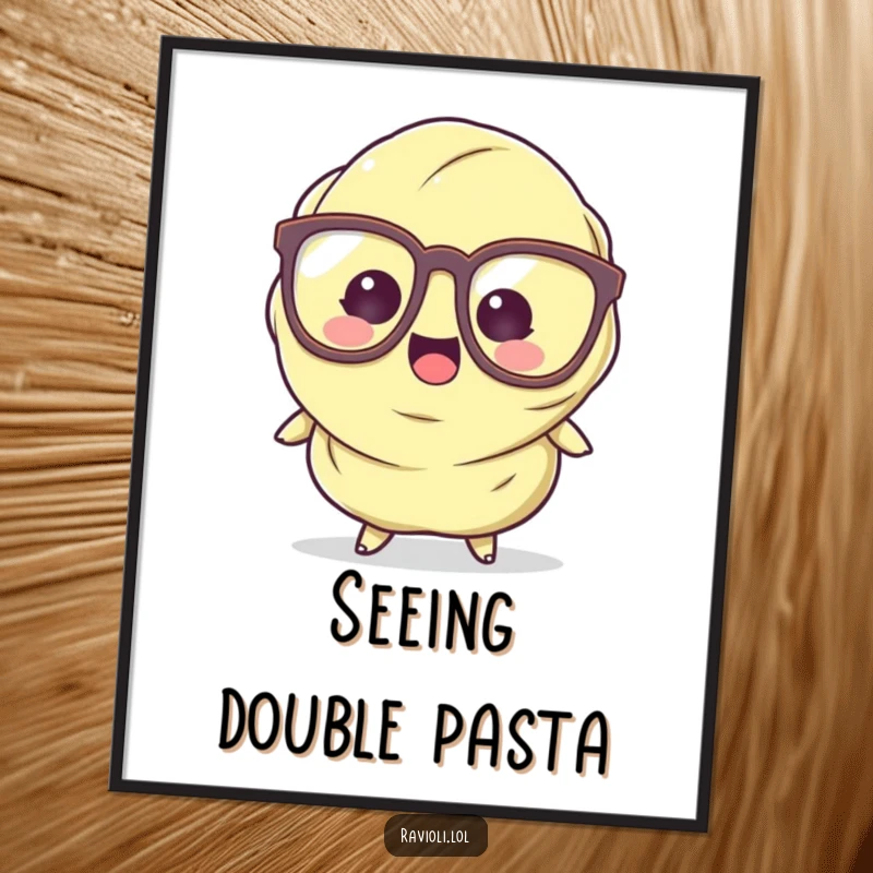 Funny Ravioli digital art print of a pasta character with huge glasses tripping, offering humorous and whimsical wall decor.