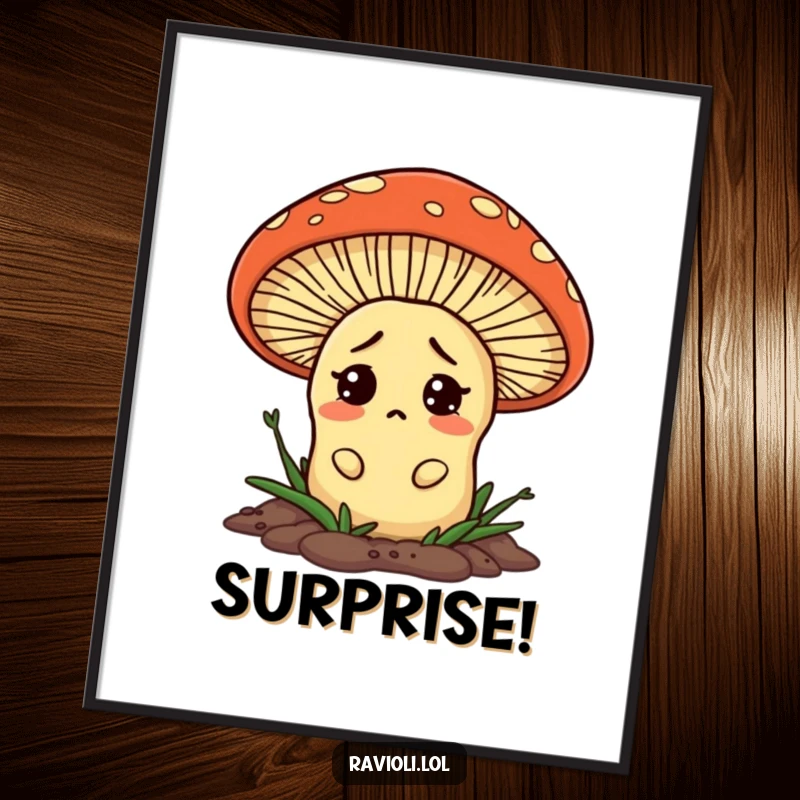 Funny ravioli peeking from behind a giant mushroom, presented as digital art, ideal for instant download and display.
