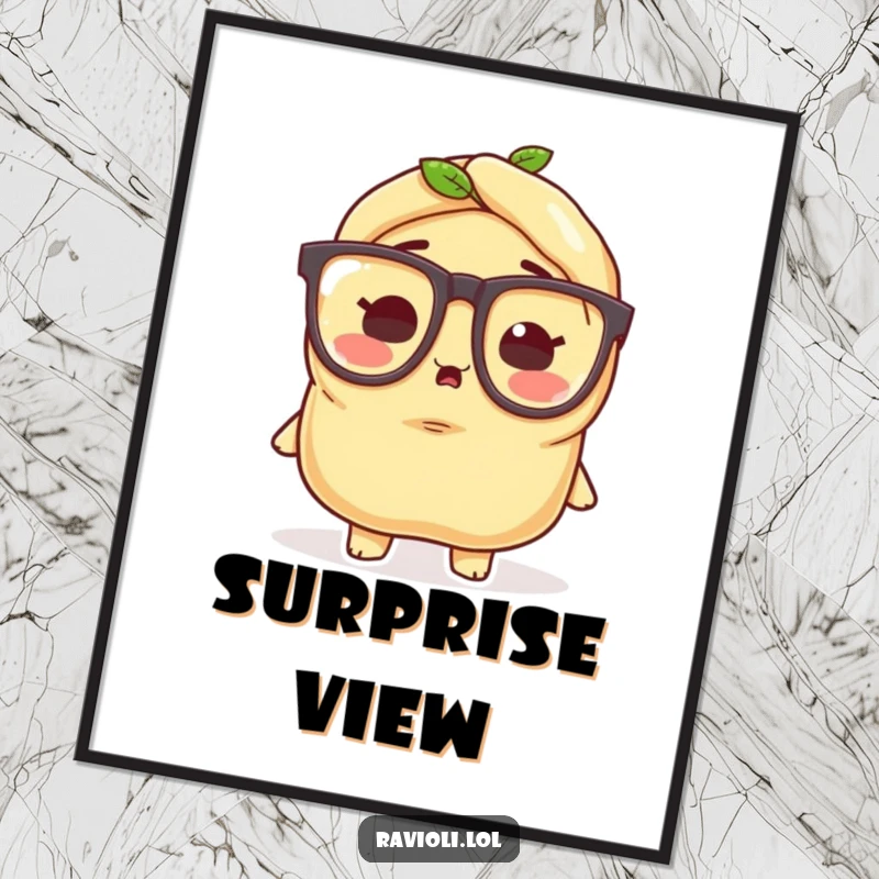 Funny ravioli character wearing tiny oversized glasses, looking surprised, as a humorous digital art print.