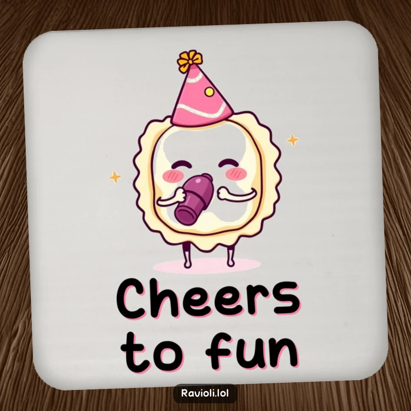 Funny ravioli wearing a party hat and blowing a noisemaker, coaster with a festive Italian pasta character, perfect funny table protection.